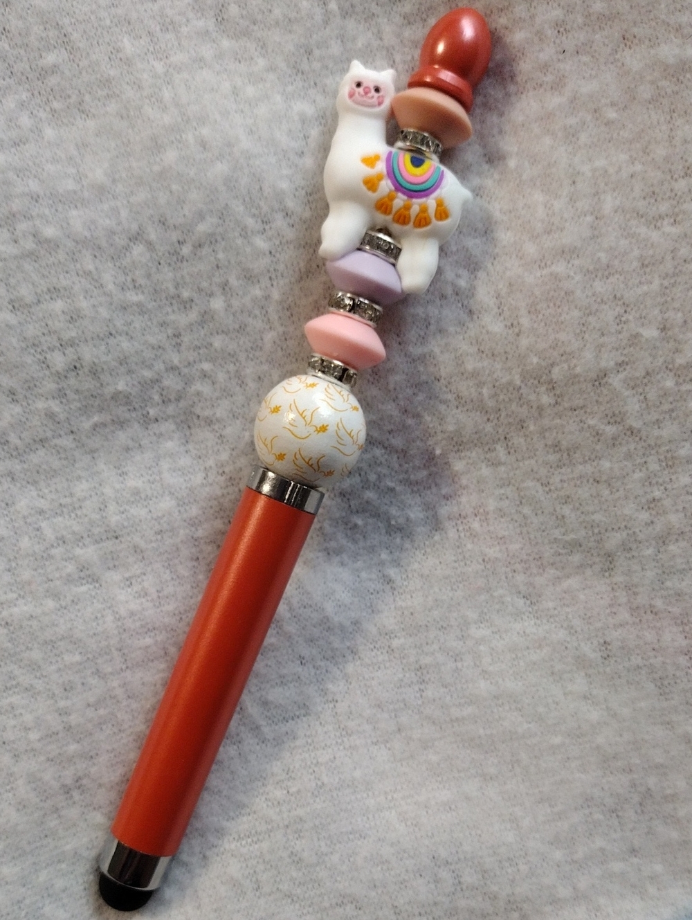 Decorative Orange Touchscreen Stylus Pen with Pink & White Llama Charm